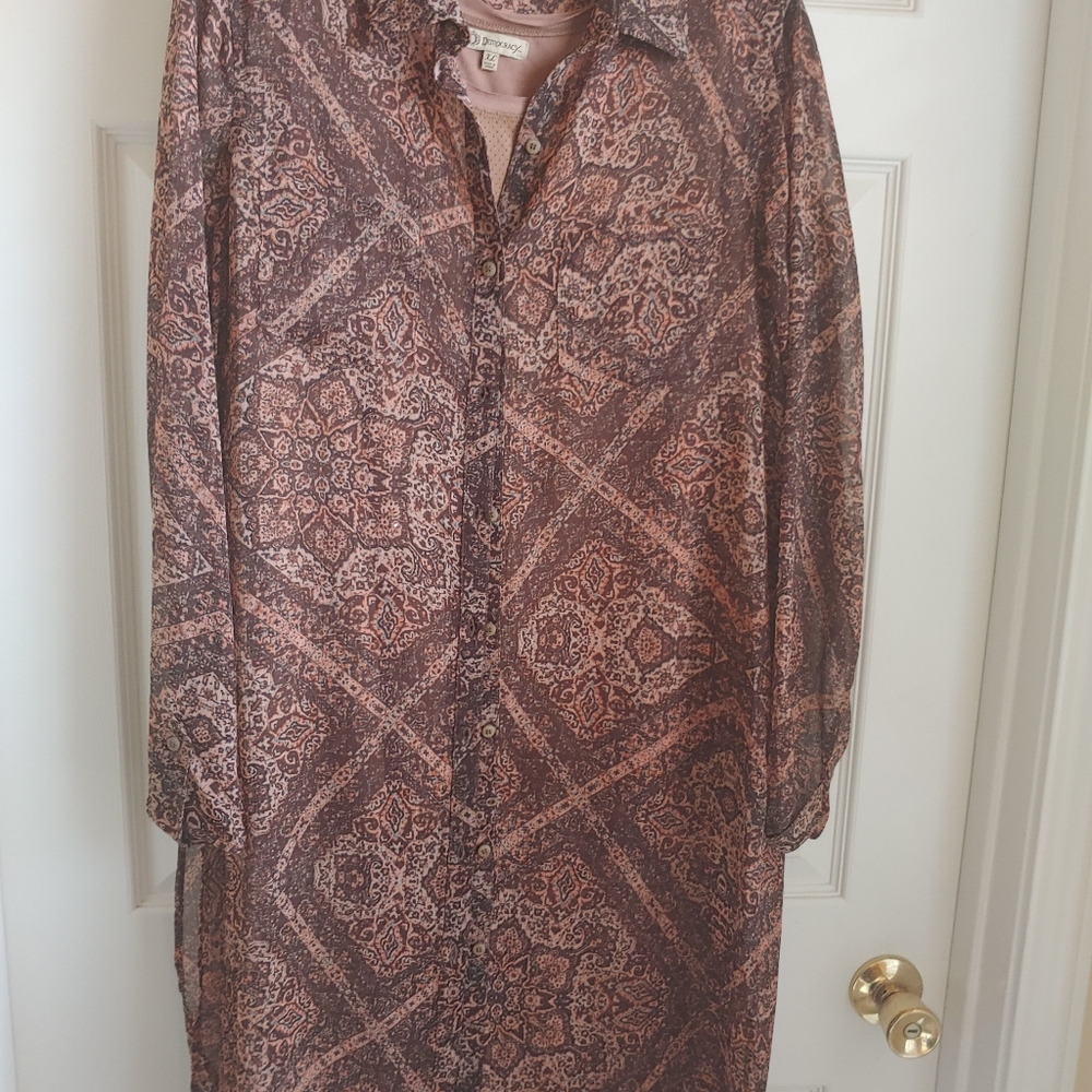 Democracy L Sheer Brown/Tan print Long Sheer Tunic
